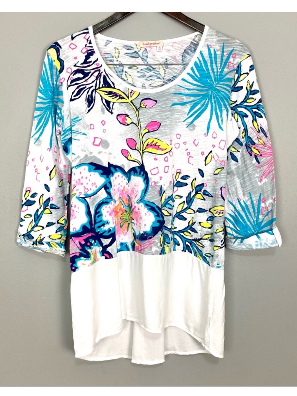 Fresh Produce Tropical Peplum Top Women’s Size XS Scoop Neck Tabbed Sleeves
